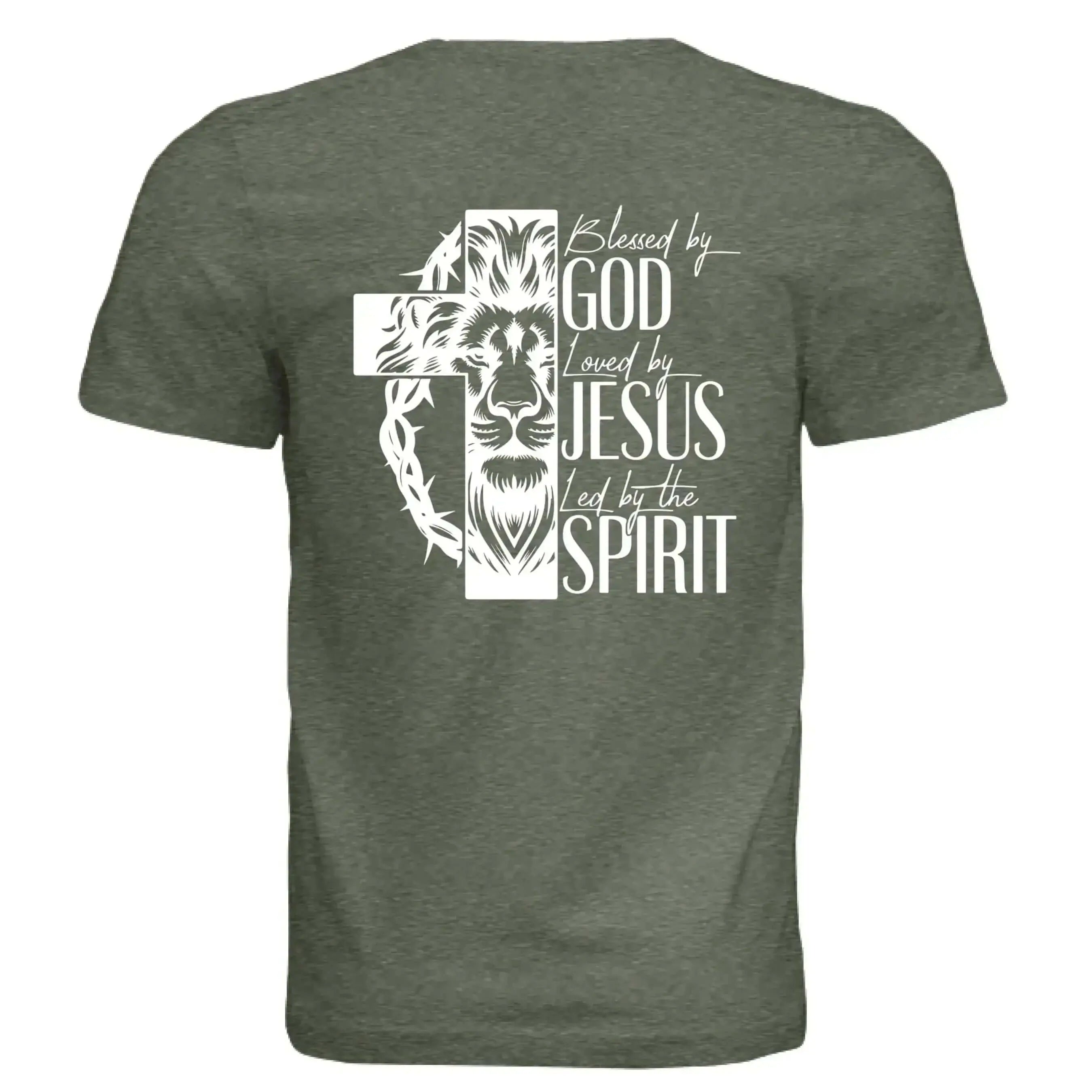 Blessed by God, Loved by Jesus, Led by the Spirit - Lion & Cross Back Print T-Shirt - Faith Forged Designs