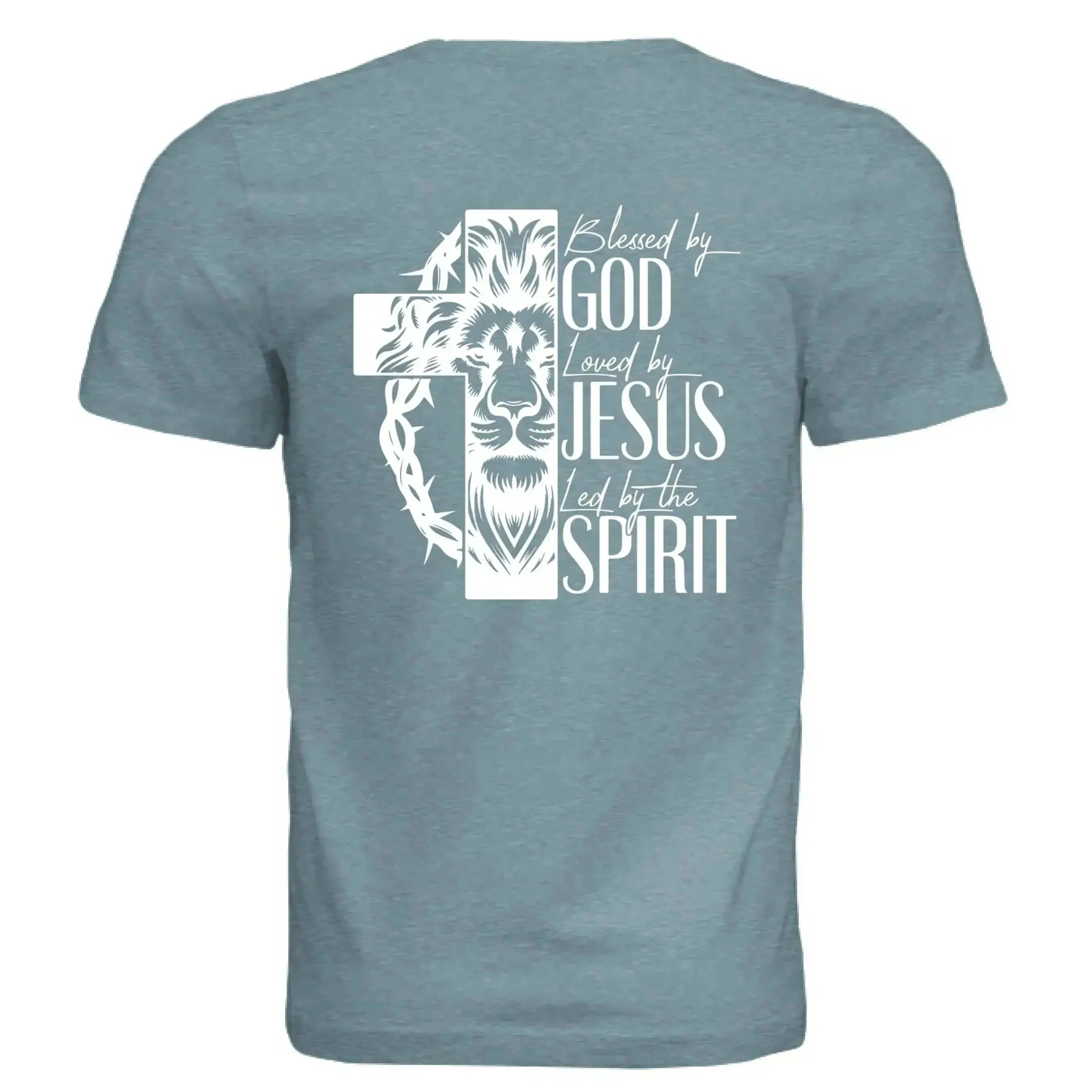 Blessed by God, Loved by Jesus, Led by the Spirit - Lion & Cross Back Print T-Shirt - Faith Forged Designs
