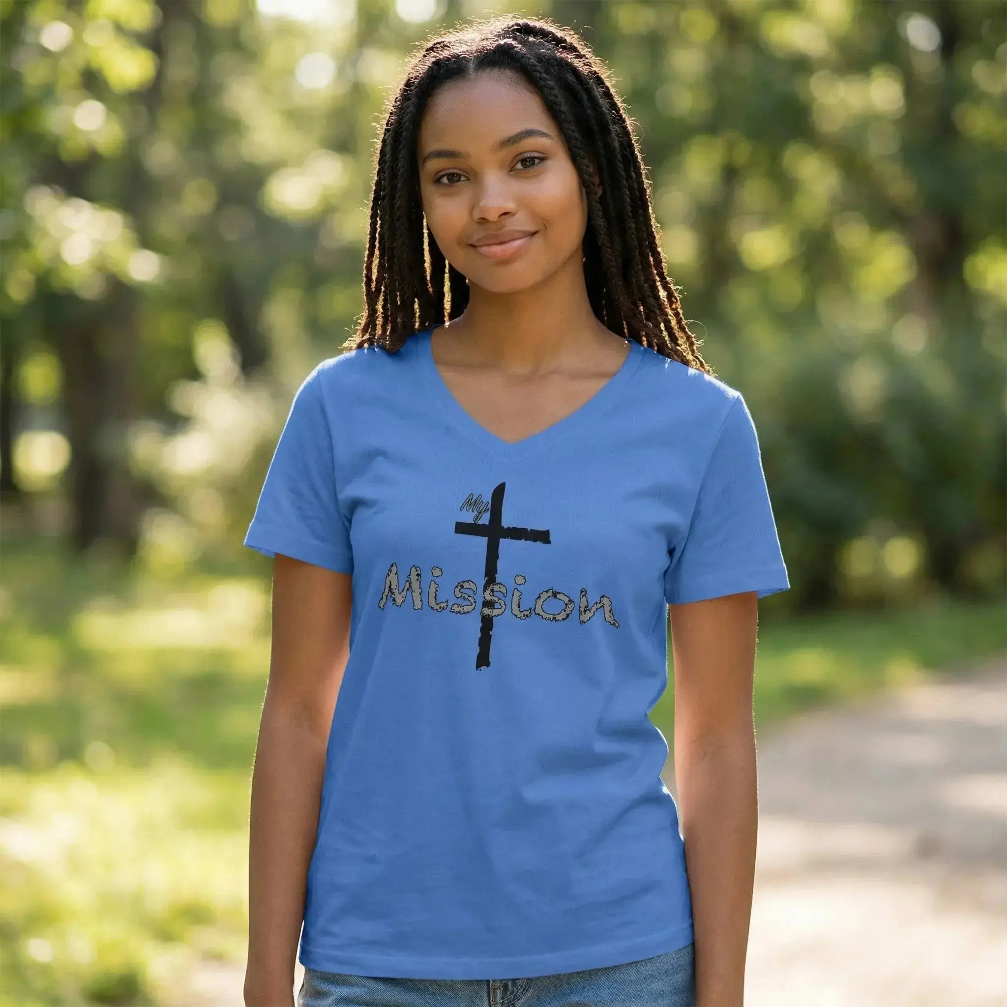 My Mission | Distressed Cross Christian V-Neck T-Shirt - Faith Forged Designs