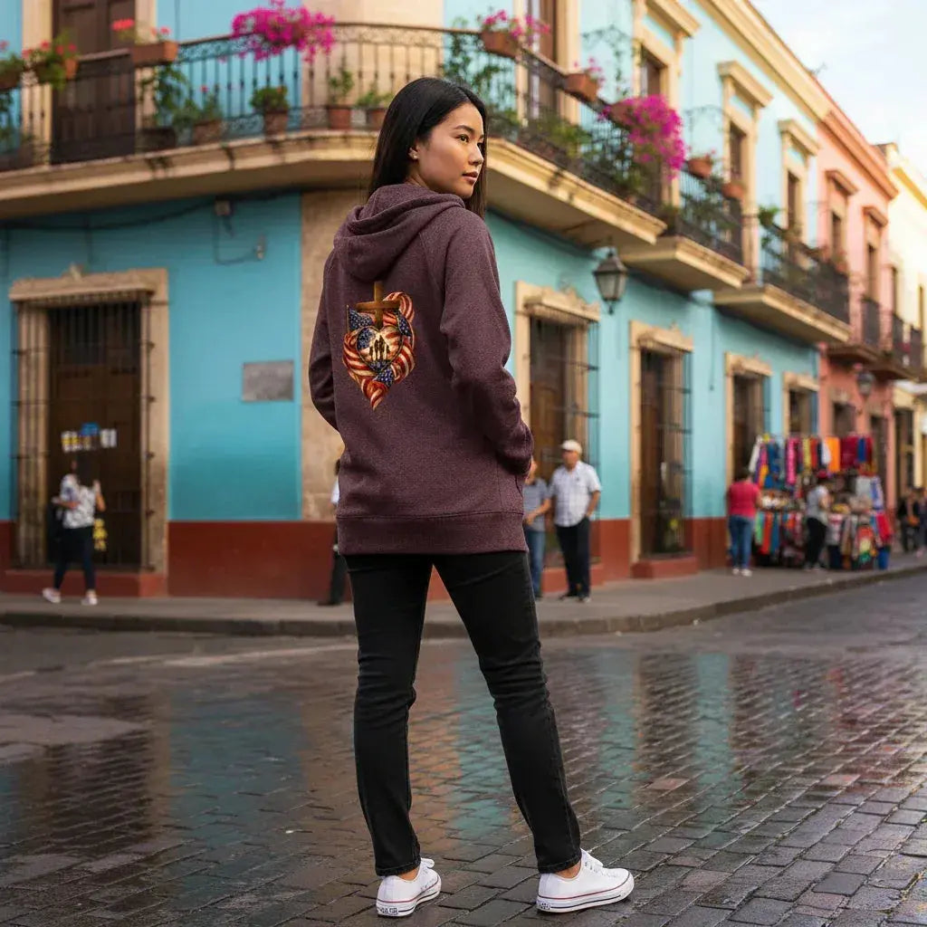 Faith Family Freedom Hoodie - Christian Cross & American Flag Heart Design - Faith Forged Designs