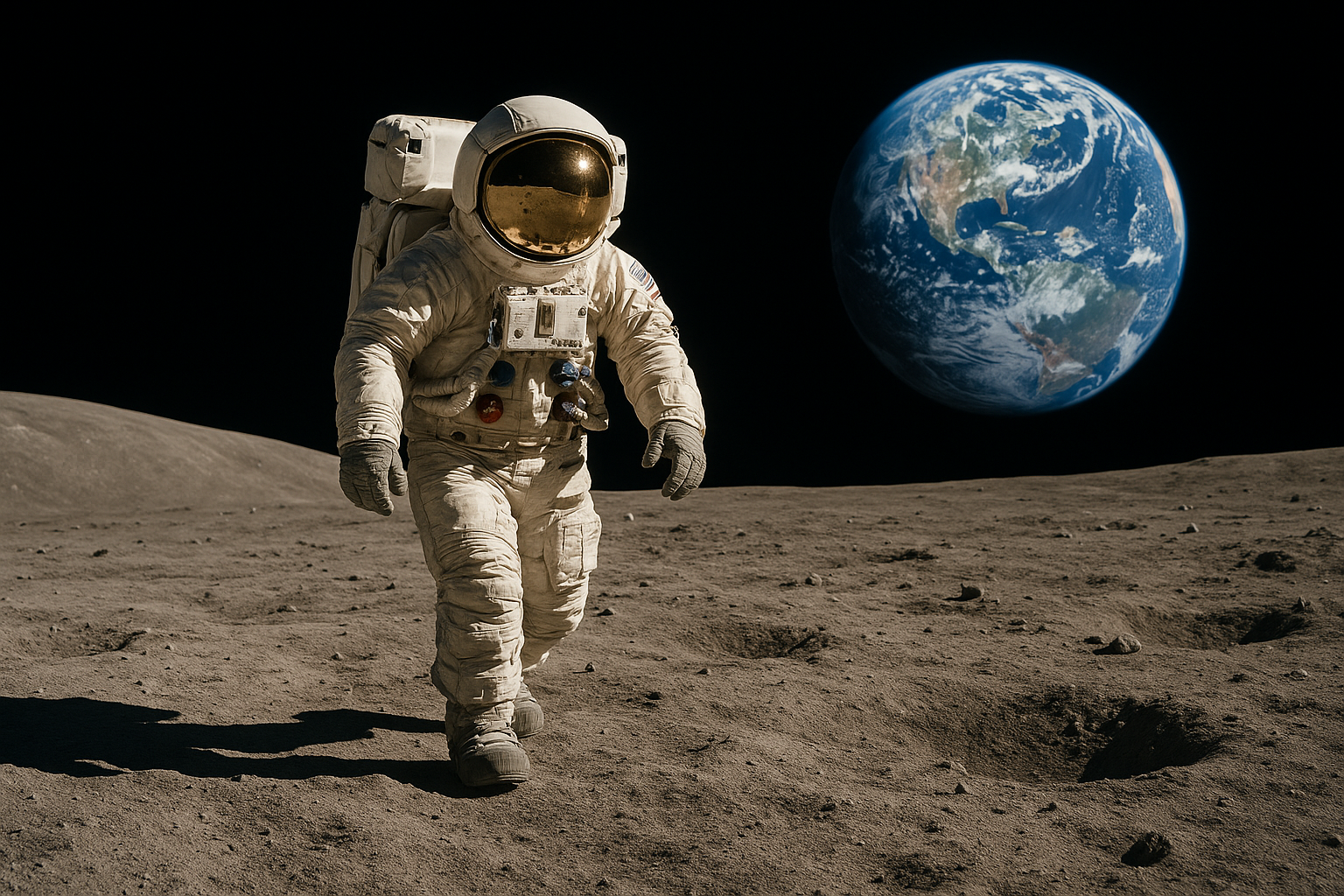 US astronaut walking on the moon with the earth in the background