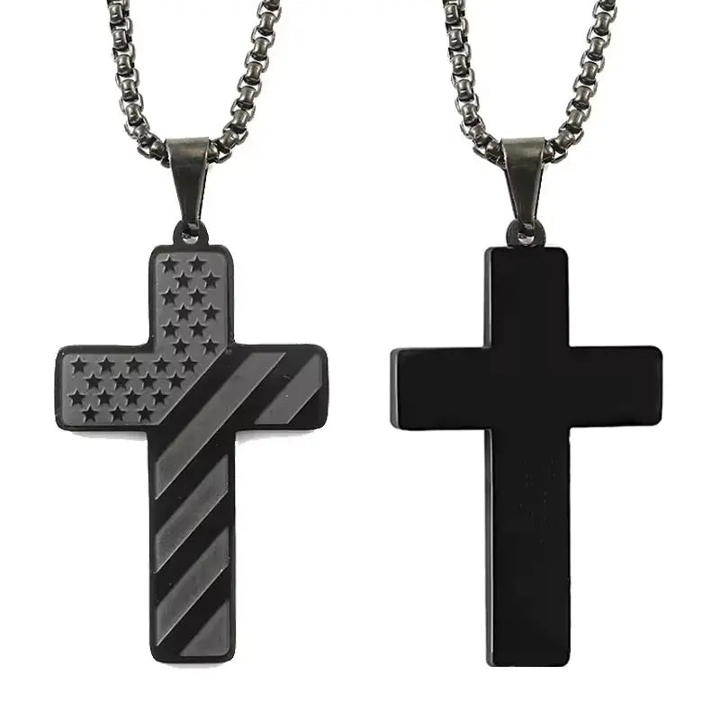 Stainless Steel Christian Cross Pendant with USA Flag Design - Faith Forged Designs