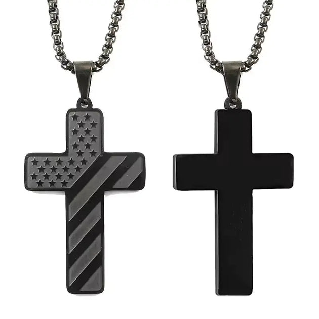 Stainless Steel Christian Cross Pendant with USA Flag Design - Faith Forged Designs