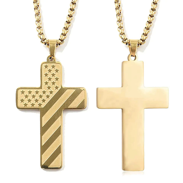 Stainless Steel Christian Cross Pendant with USA Flag Design - Faith Forged Designs