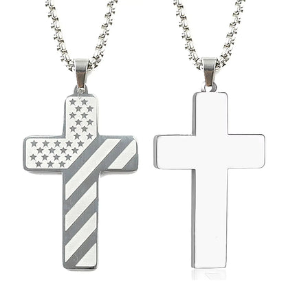 Stainless Steel Christian Cross Pendant with USA Flag Design - Faith Forged Designs