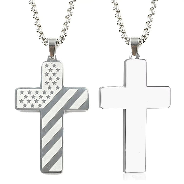 Stainless Steel Christian Cross Pendant with USA Flag Design - Faith Forged Designs