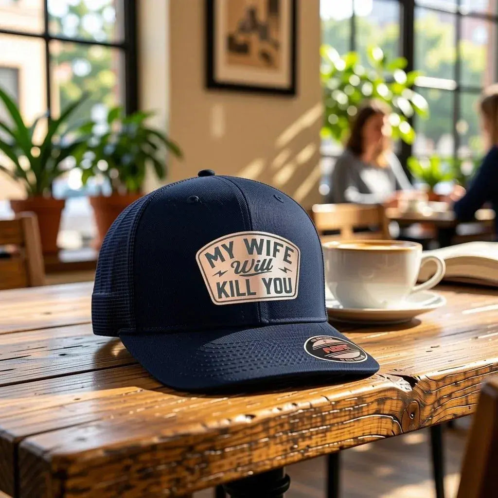 My Wife Will Kill You - Laser Engraved Leather Patch - Flexfit Mesh Cap - Faith Forged Designs