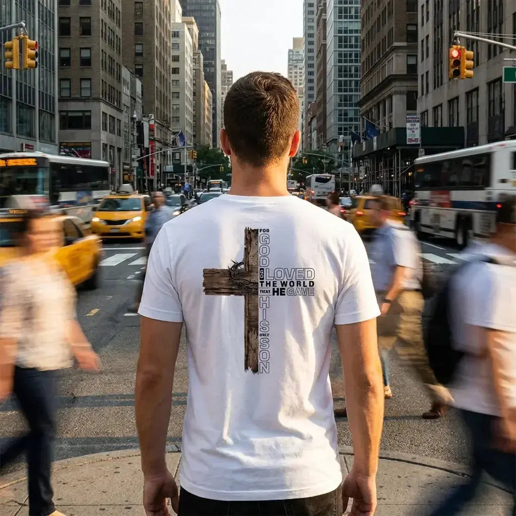 Rustic Wooden Cross John 3:16 T-Shirt - "For God So Loved the World That He Gave His Only Son" Christian Graphic Tee - Faith Forged Designs