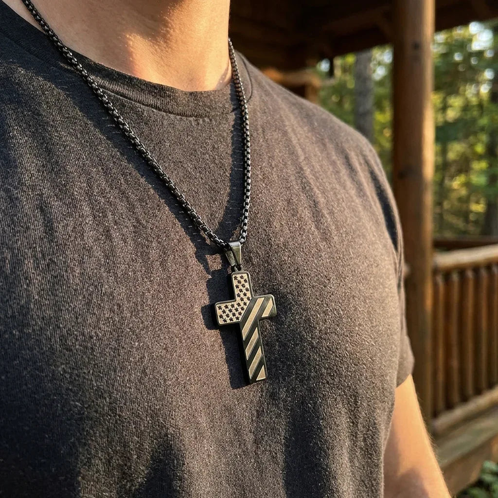 Stainless Steel Christian Cross Pendant with USA Flag Design - Faith Forged Designs