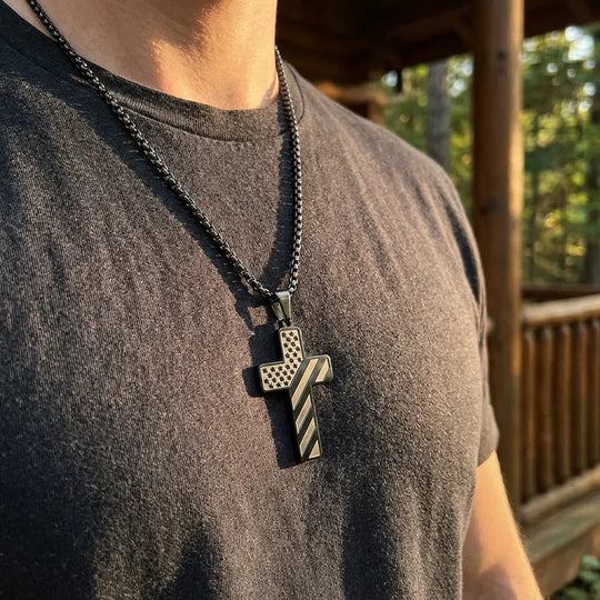 Stainless Steel Christian Cross Pendant with USA Flag Design - Faith Forged Designs