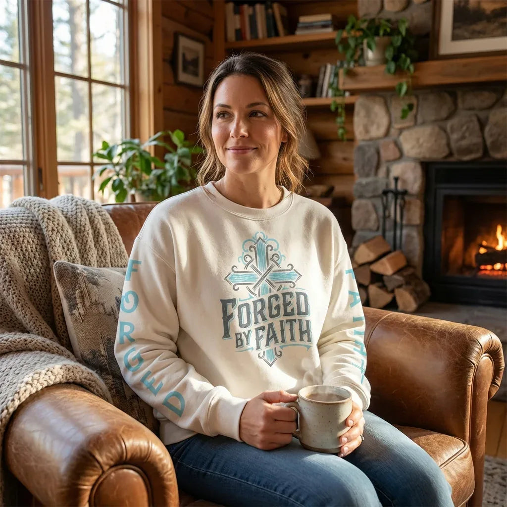"Forged by Faith" Women's Crewneck Sweatshirt - Inspirational Christian Pullover with Sleeve Graphics - Faith Forged Designs