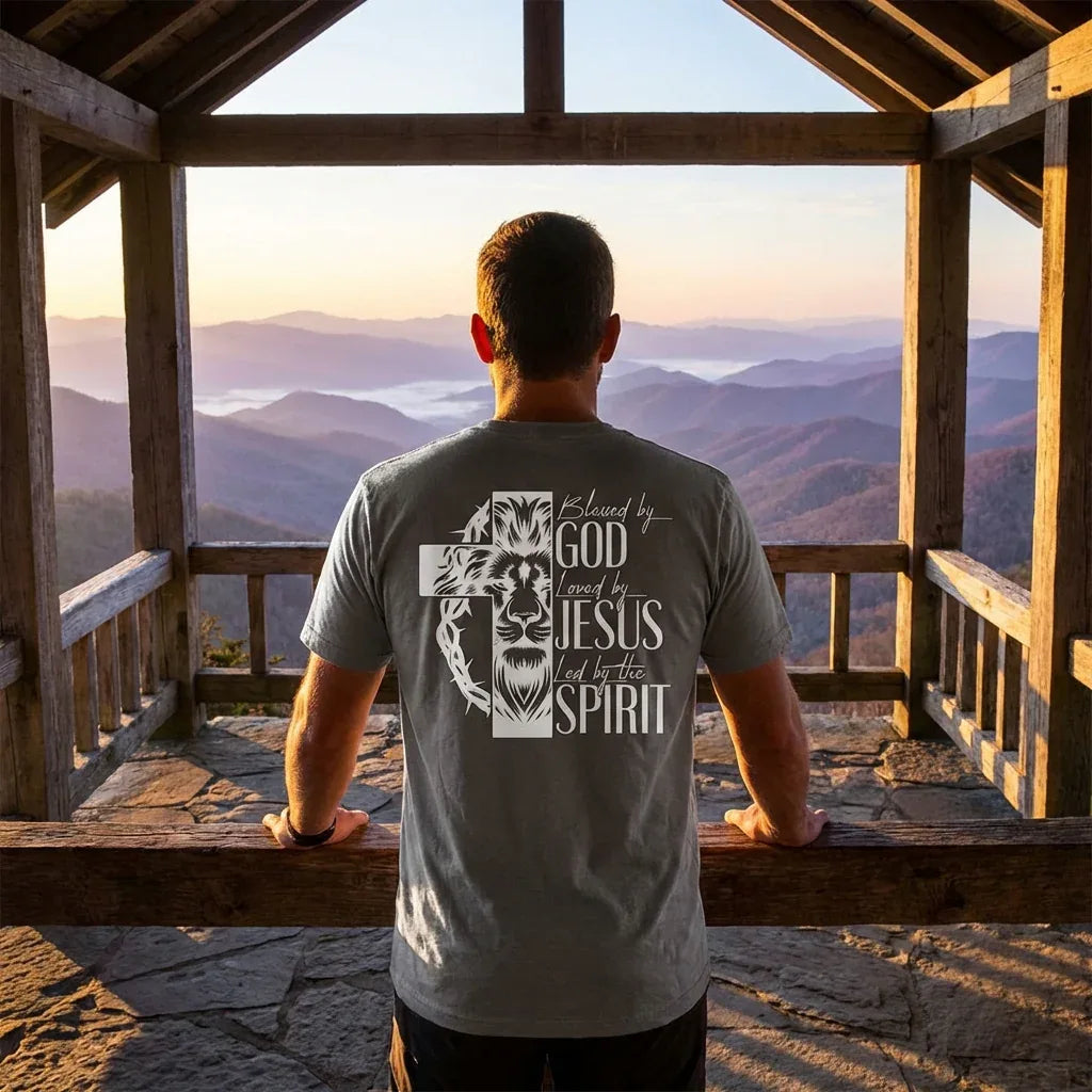 Blessed by God, Loved by Jesus, Led by the Spirit - Lion & Cross Back Print T-Shirt - Faith Forged Designs