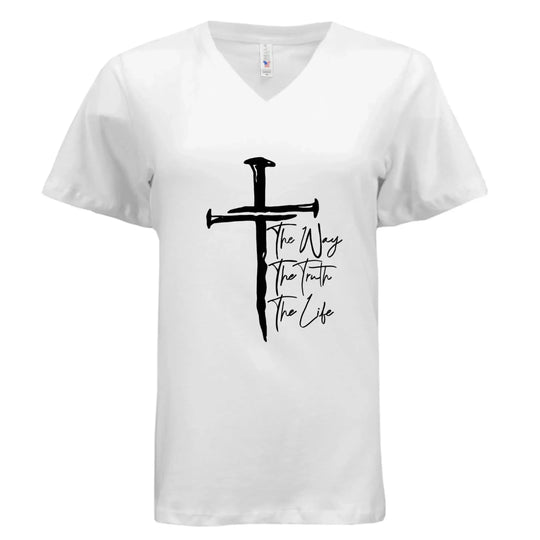 Jesus The Way, The Truth, The Life Nail Cross John 14:6 V-Neck T-Shirt - Faith Forged Designs