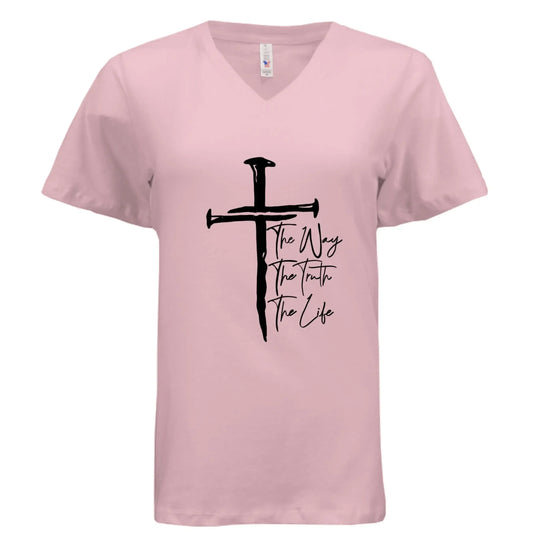 Jesus The Way, The Truth, The Life Nail Cross John 14:6 V-Neck T-Shirt - Faith Forged Designs