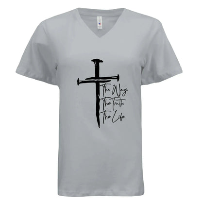 Jesus The Way, The Truth, The Life Nail Cross John 14:6 V-Neck T-Shirt - Faith Forged Designs