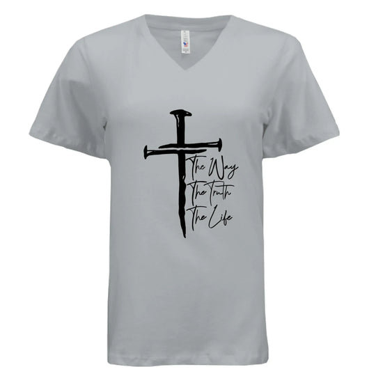 Jesus The Way, The Truth, The Life Nail Cross John 14:6 V-Neck T-Shirt - Faith Forged Designs