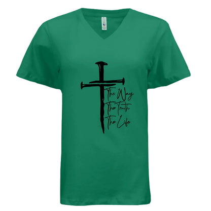 Jesus The Way, The Truth, The Life Nail Cross John 14:6 V-Neck T-Shirt - Faith Forged Designs