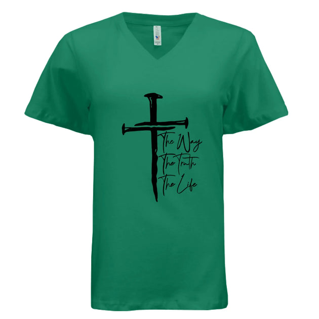 Jesus The Way, The Truth, The Life Nail Cross John 14:6 V-Neck T-Shirt - Faith Forged Designs