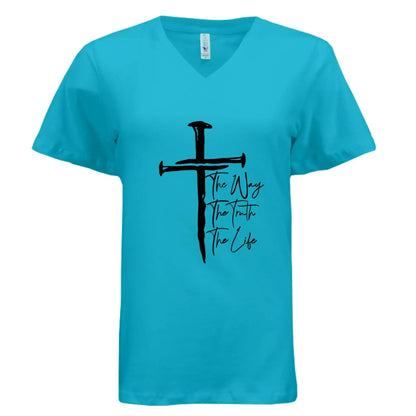 Jesus The Way, The Truth, The Life Nail Cross John 14:6 V-Neck T-Shirt - Faith Forged Designs