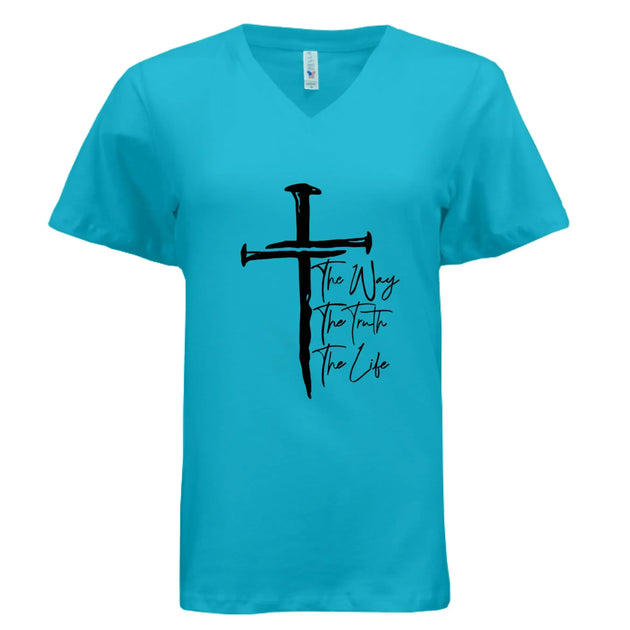 Jesus The Way, The Truth, The Life Nail Cross John 14:6 V-Neck T-Shirt - Faith Forged Designs