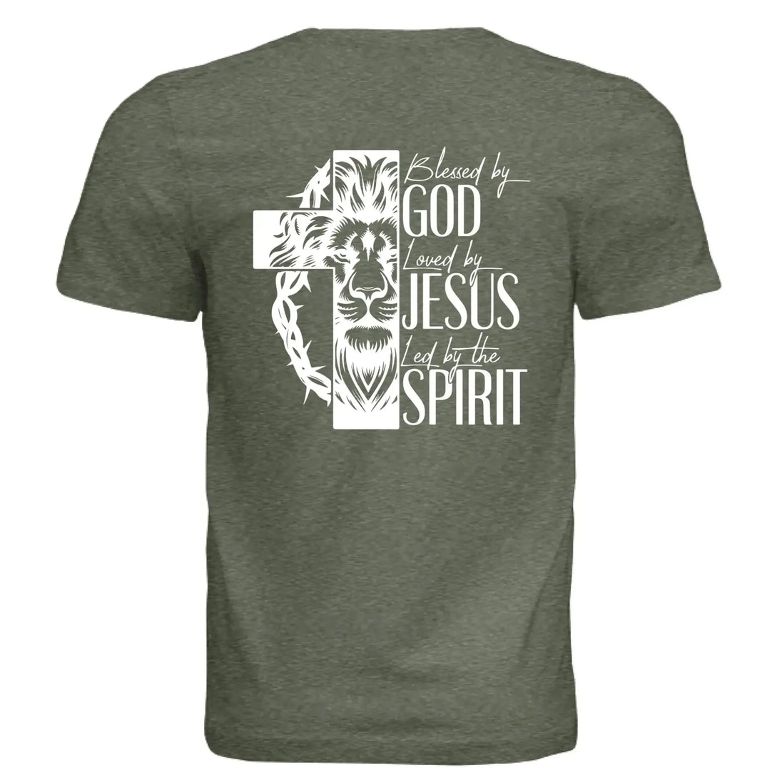 Blessed by God, Loved by Jesus, Led by the Spirit - Lion & Cross Back Print T-Shirt - Faith Forged Designs