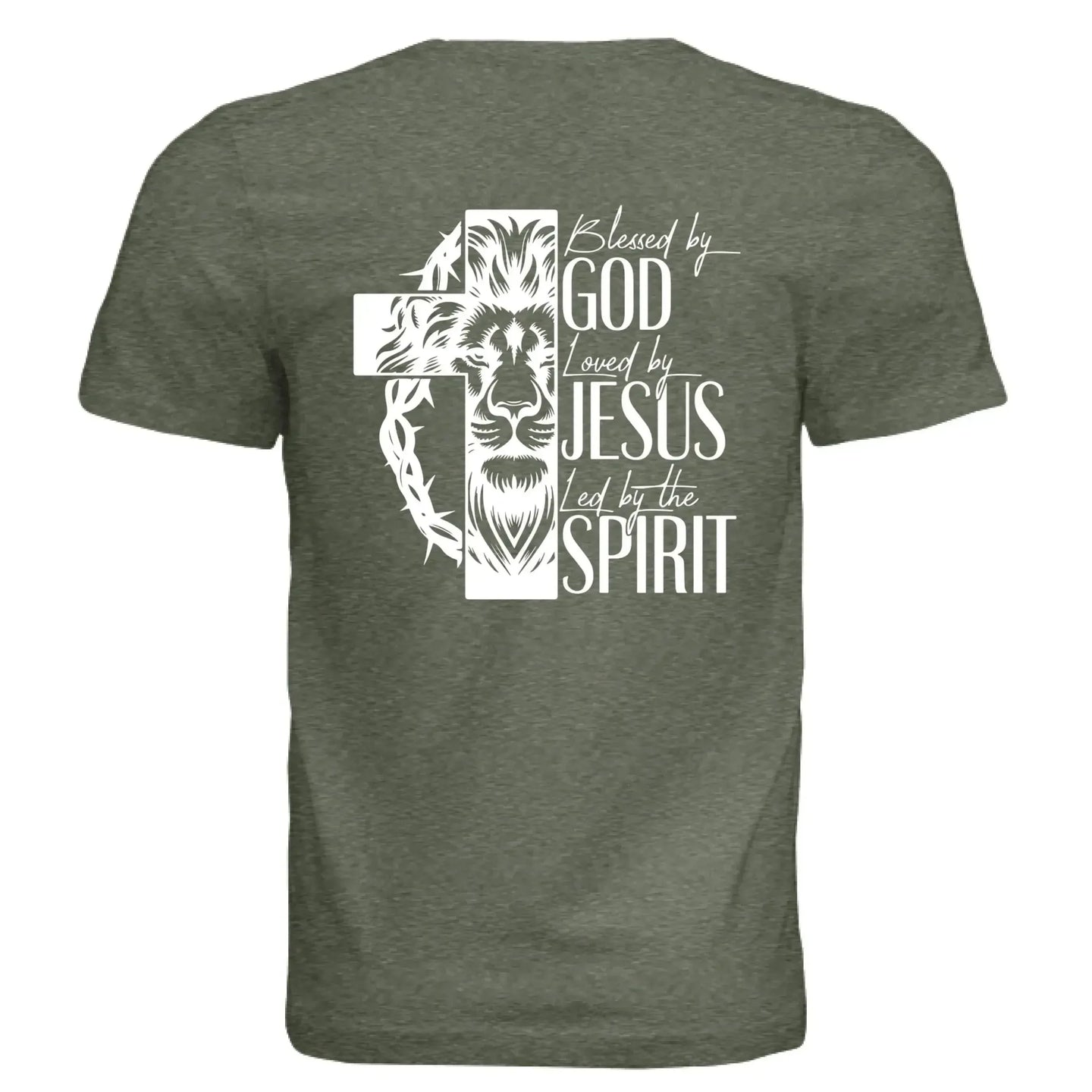 Blessed by God, Loved by Jesus, Led by the Spirit - Lion & Cross Back Print T-Shirt - Faith Forged Designs