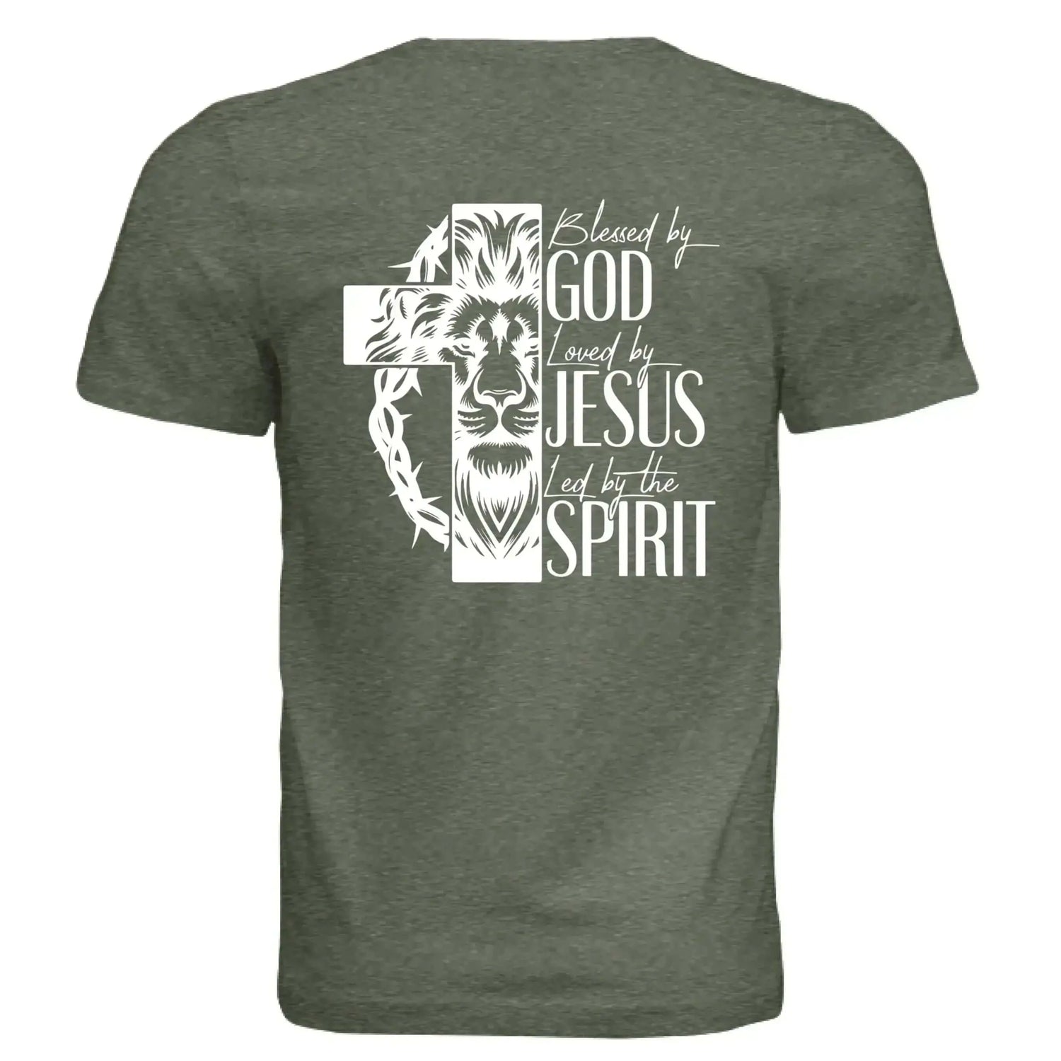 Blessed by God, Loved by Jesus, Led by the Spirit - Lion &amp; Cross Back Print T-Shirt - Faith Forged Designs