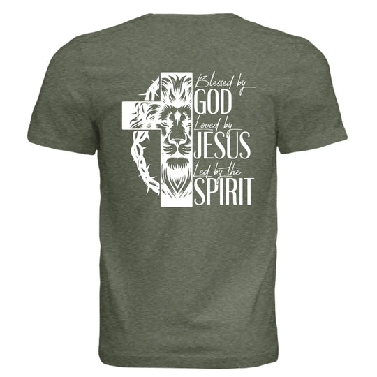Blessed by God, Loved by Jesus, Led by the Spirit - Lion & Cross Back Print T-Shirt - Faith Forged Designs