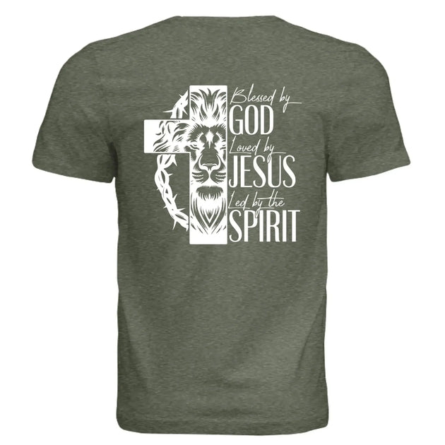 Blessed by God, Loved by Jesus, Led by the Spirit - Lion & Cross Back Print T-Shirt - Faith Forged Designs