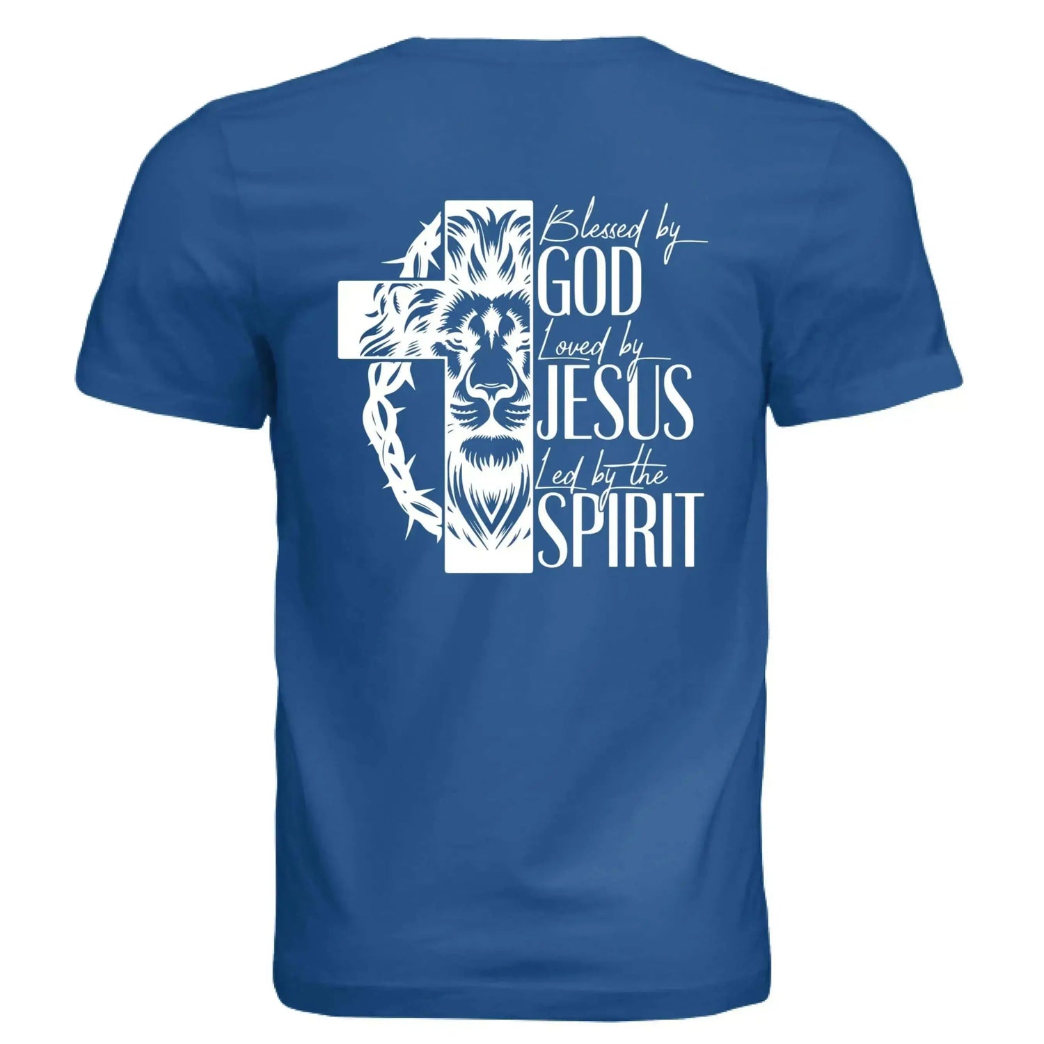 Blessed by God, Loved by Jesus, Led by the Spirit - Lion &amp; Cross Back Print T-Shirt - Faith Forged Designs