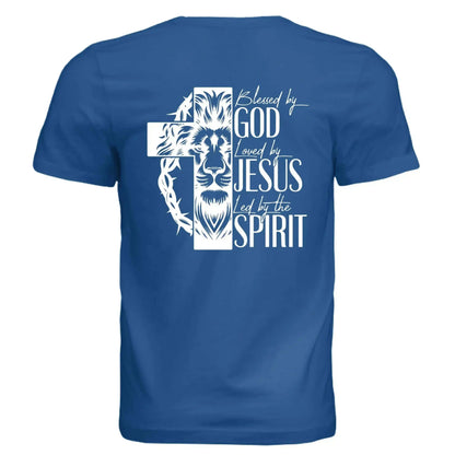 Blessed by God, Loved by Jesus, Led by the Spirit - Lion &amp; Cross Back Print T-Shirt - Faith Forged Designs