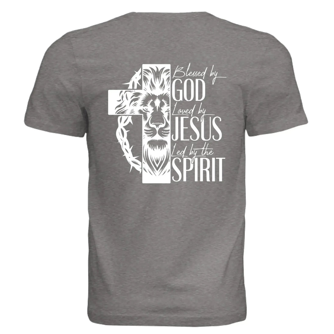 Blessed by God, Loved by Jesus, Led by the Spirit - Lion & Cross Back Print T-Shirt - Faith Forged Designs