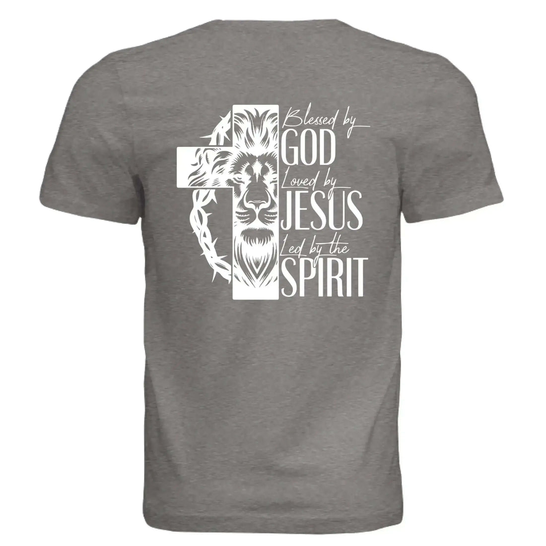 Blessed by God, Loved by Jesus, Led by the Spirit - Lion &amp; Cross Back Print T-Shirt - Faith Forged Designs