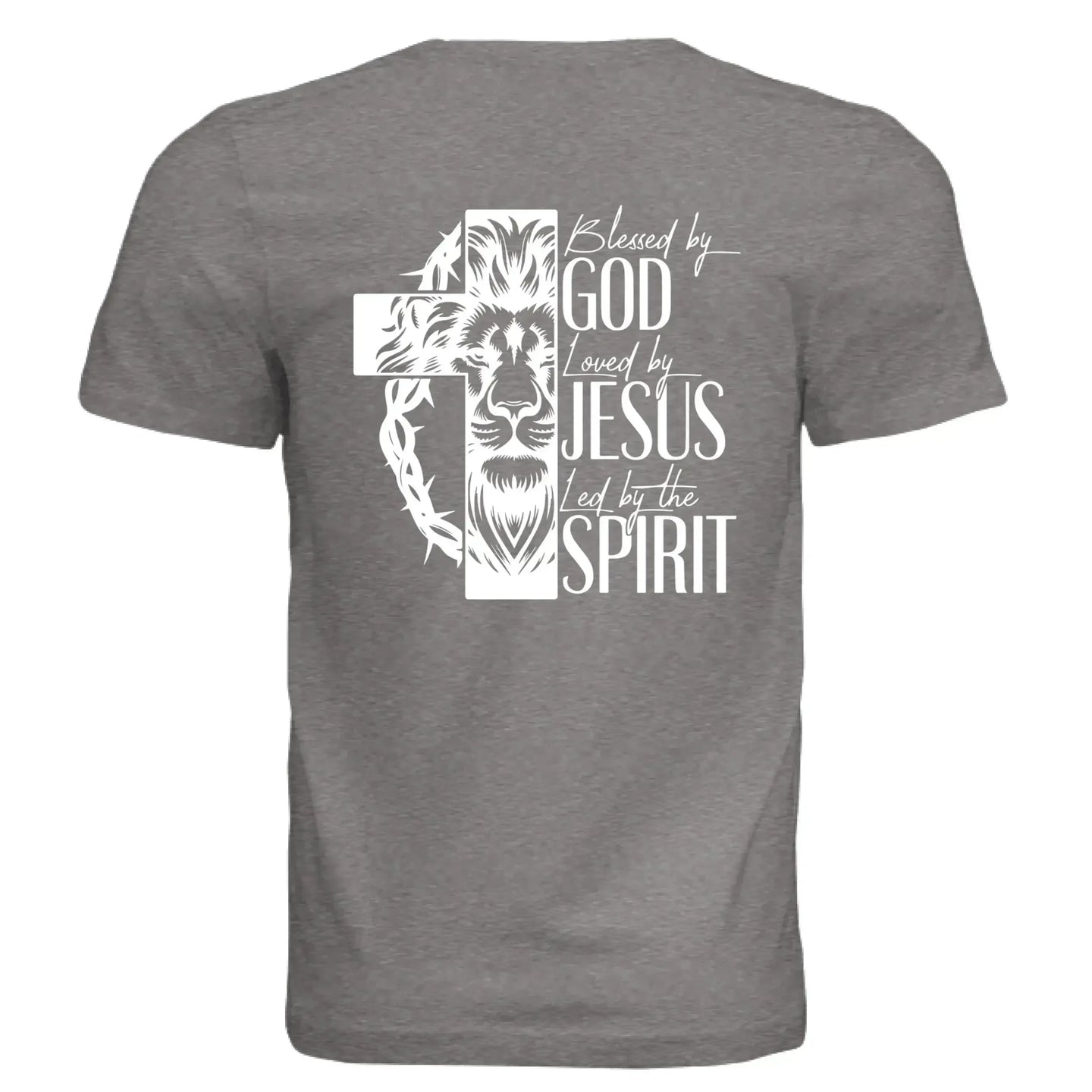 Blessed by God, Loved by Jesus, Led by the Spirit - Lion & Cross Back Print T-Shirt - Faith Forged Designs