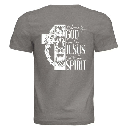 Blessed by God, Loved by Jesus, Led by the Spirit - Lion &amp; Cross Back Print T-Shirt - Faith Forged Designs