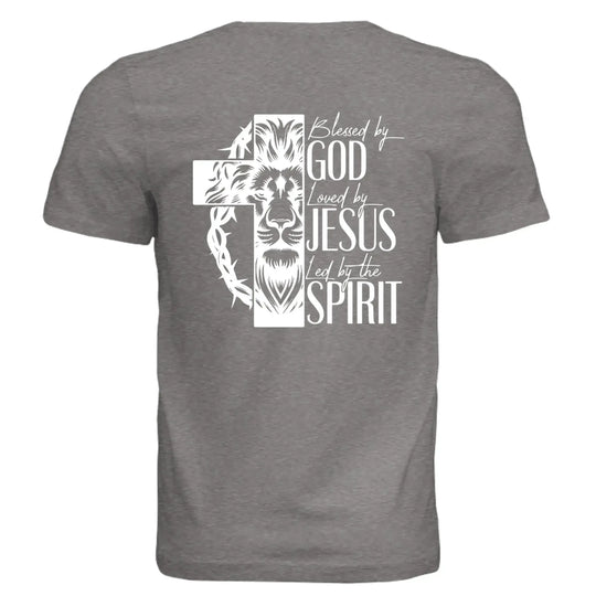 Blessed by God, Loved by Jesus, Led by the Spirit - Lion & Cross Back Print T-Shirt - Faith Forged Designs