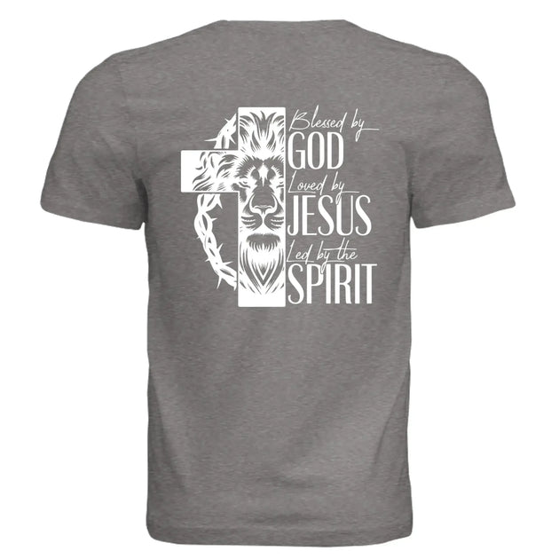 Blessed by God, Loved by Jesus, Led by the Spirit - Lion & Cross Back Print T-Shirt - Faith Forged Designs