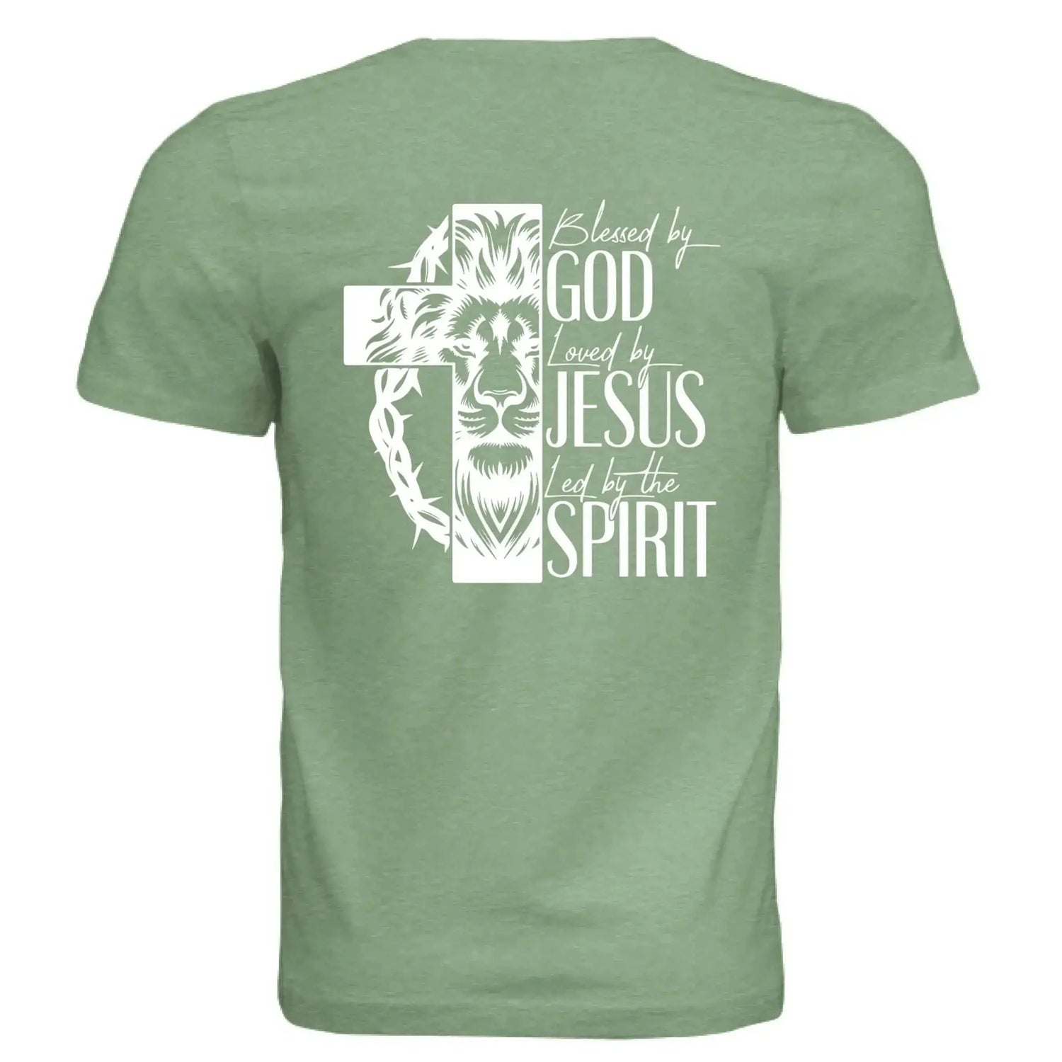 Blessed by God, Loved by Jesus, Led by the Spirit - Lion &amp; Cross Back Print T-Shirt - Faith Forged Designs