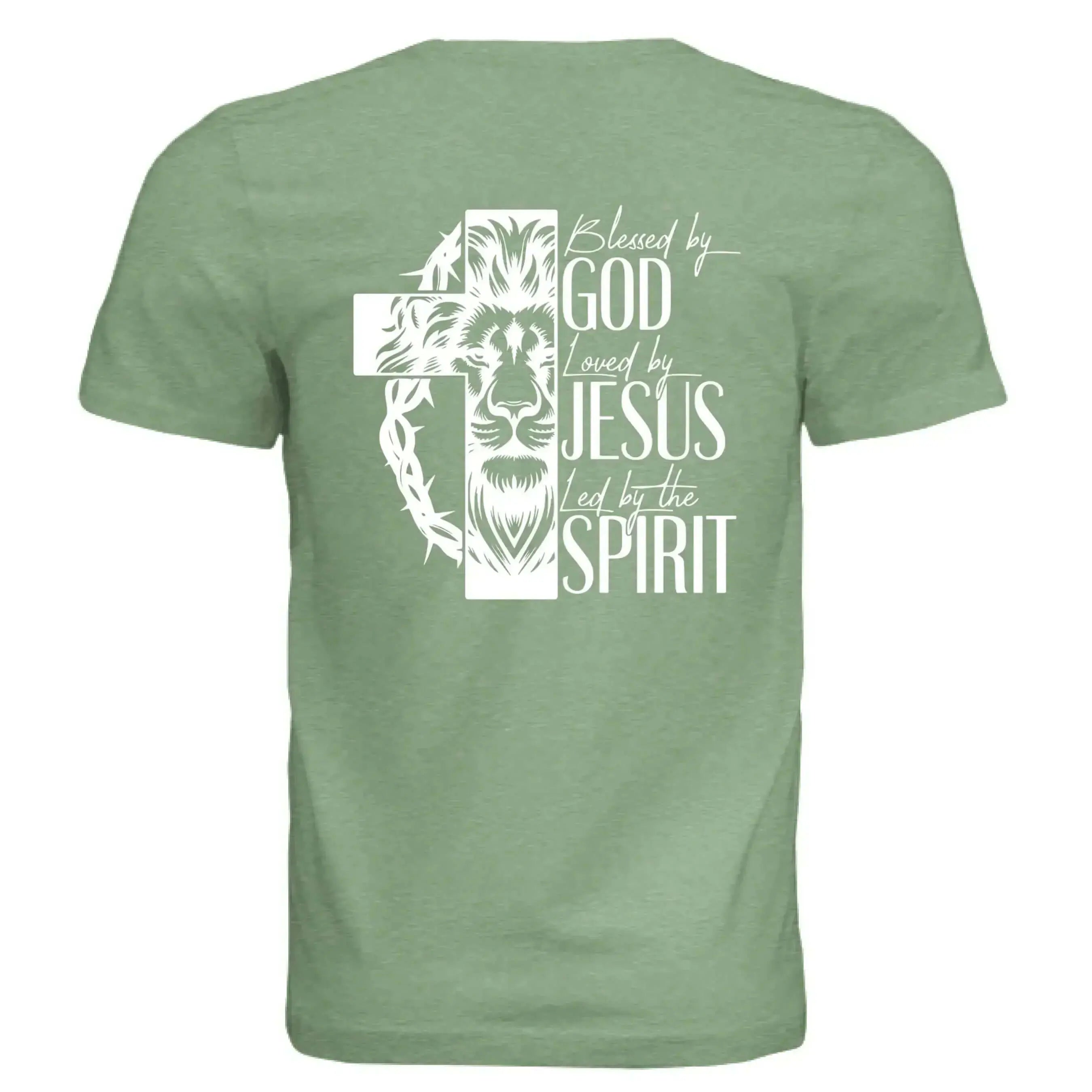 Blessed by God, Loved by Jesus, Led by the Spirit - Lion &amp; Cross Back Print T-Shirt - Faith Forged Designs