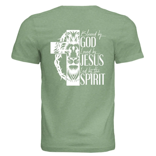 Blessed by God, Loved by Jesus, Led by the Spirit - Lion & Cross Back Print T-Shirt - Faith Forged Designs