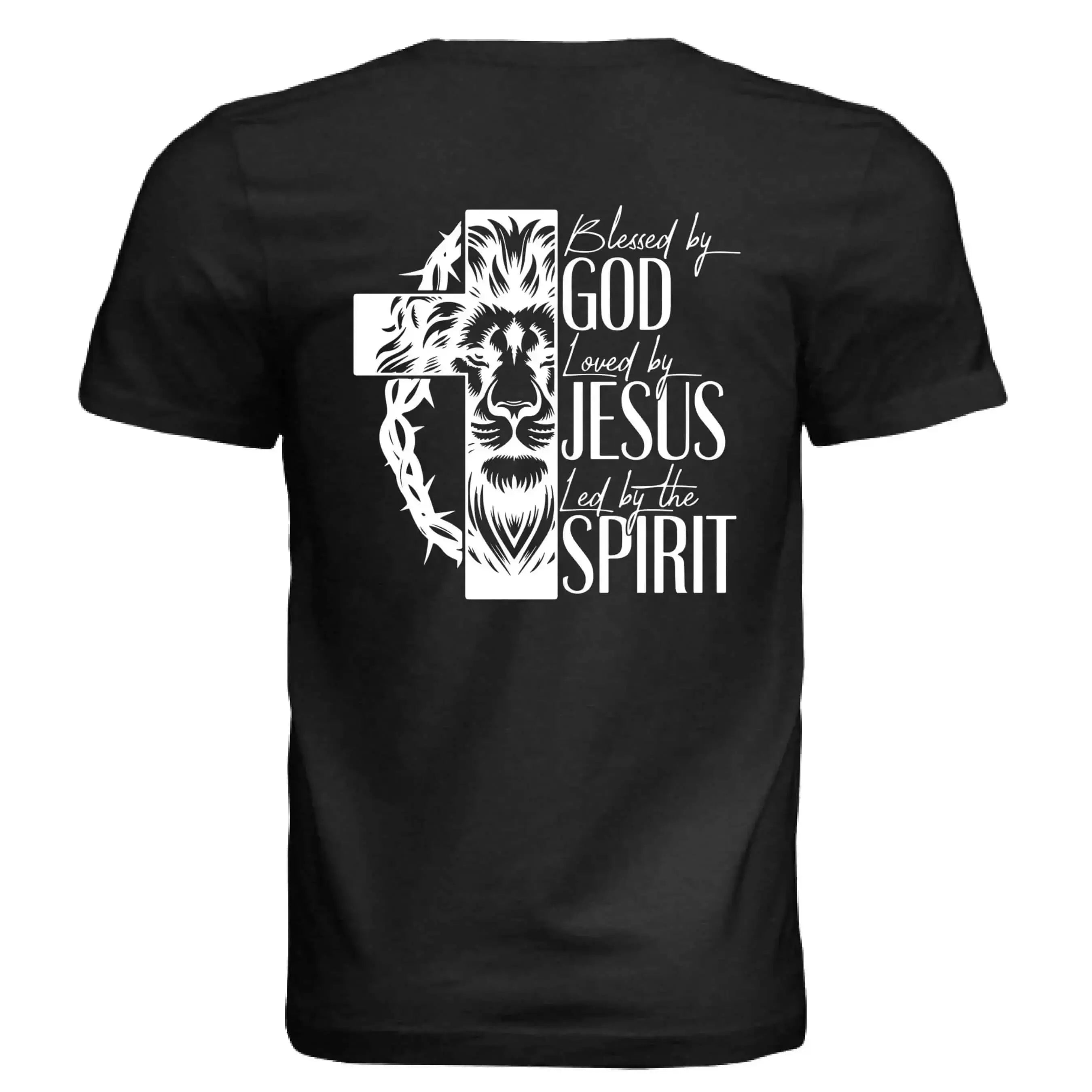 Blessed by God, Loved by Jesus, Led by the Spirit - Lion &amp; Cross Back Print T-Shirt - Faith Forged Designs