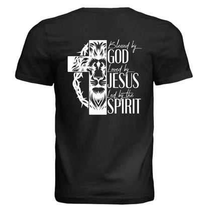 Blessed by God, Loved by Jesus, Led by the Spirit - Lion &amp; Cross Back Print T-Shirt - Faith Forged Designs