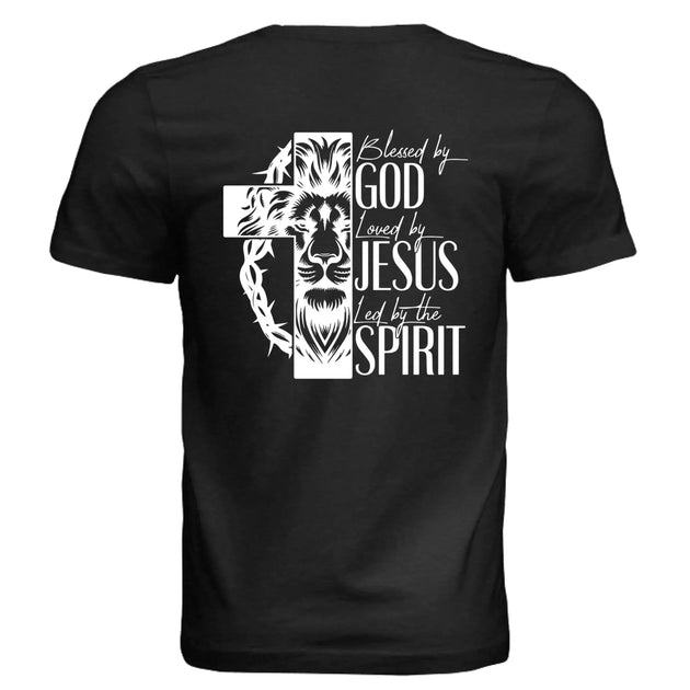 Blessed by God, Loved by Jesus, Led by the Spirit - Lion & Cross Back Print T-Shirt - Faith Forged Designs