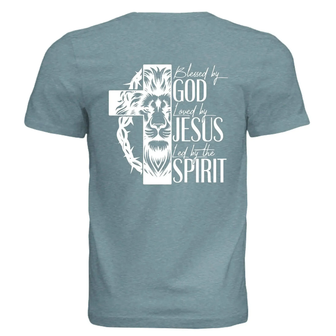 Blessed by God, Loved by Jesus, Led by the Spirit - Lion & Cross Back Print T-Shirt - Faith Forged Designs