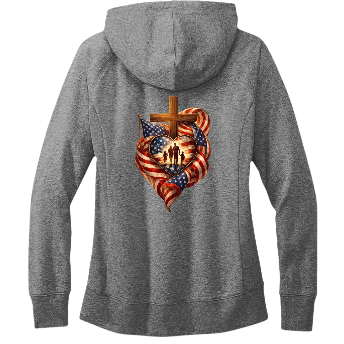 Faith Family Freedom Hoodie - Christian Cross & American Flag Heart Design - Faith Forged Designs
