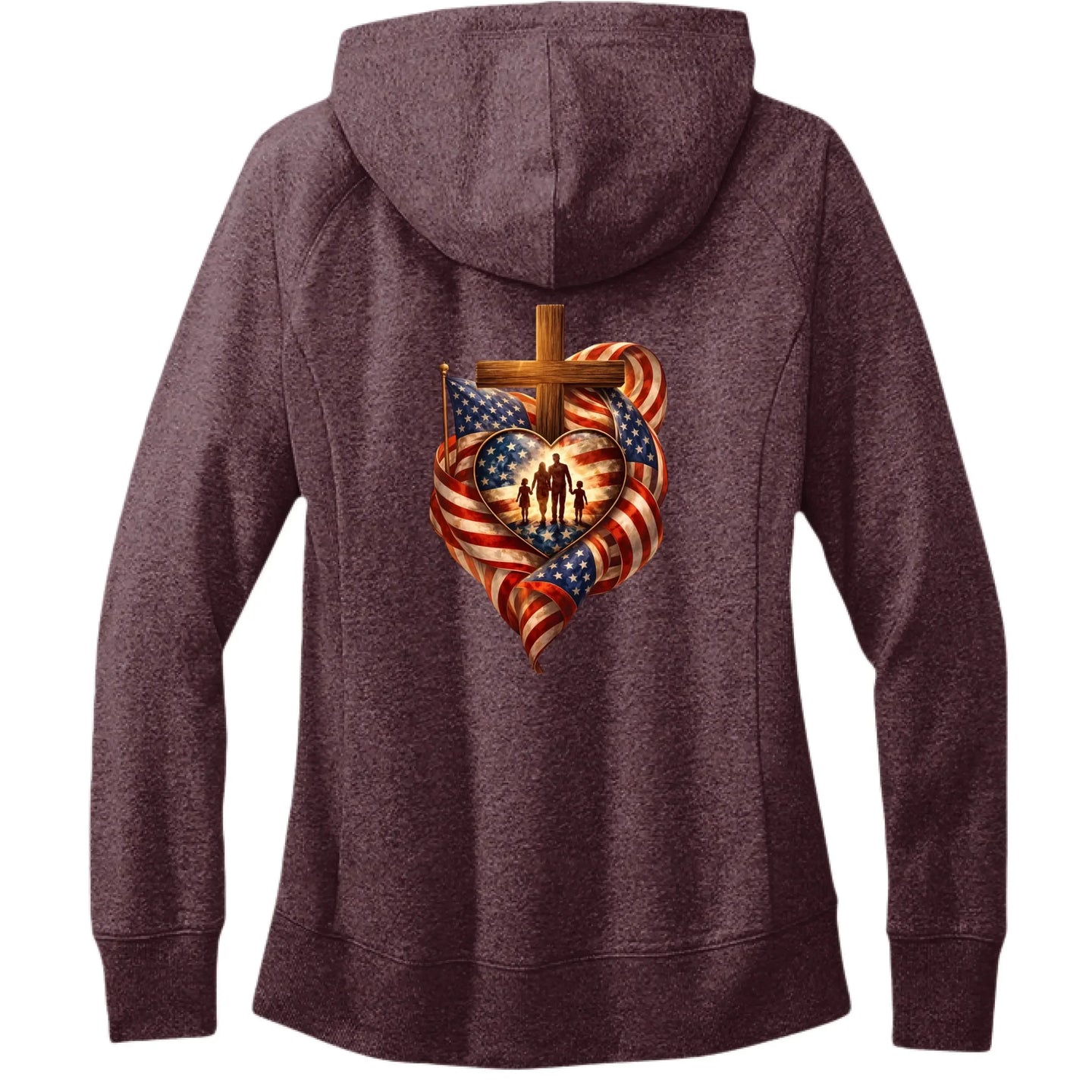 Faith Family Freedom Hoodie - Christian Cross & American Flag Heart Design - Faith Forged Designs