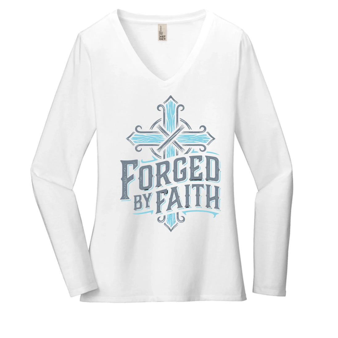 "Forged by Faith" Women's Long Sleeve V-Neck Inspirational Christian T-Shirt - Faith Forged Designs