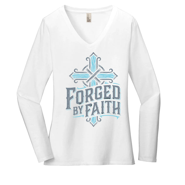 "Forged by Faith" Women's Long Sleeve V-Neck Inspirational Christian T-Shirt - Faith Forged Designs