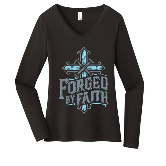 "Forged by Faith" Women's Long Sleeve V-Neck Inspirational Christian T-Shirt - Faith Forged Designs