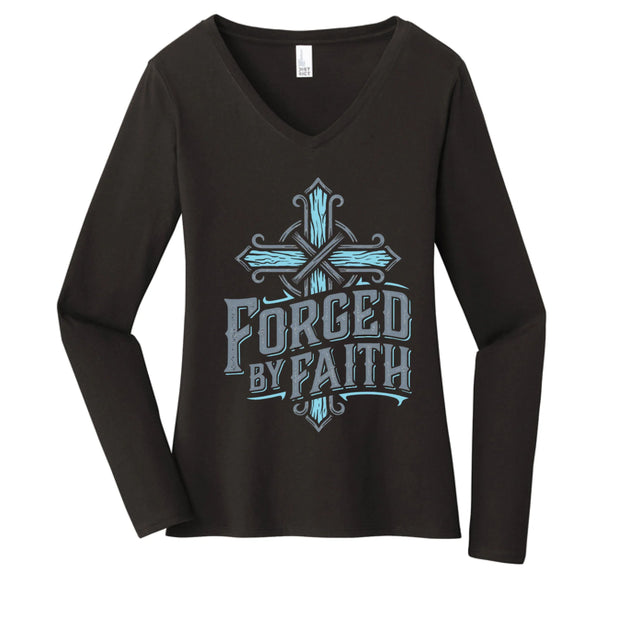 "Forged by Faith" Women's Long Sleeve V-Neck Inspirational Christian T-Shirt - Faith Forged Designs